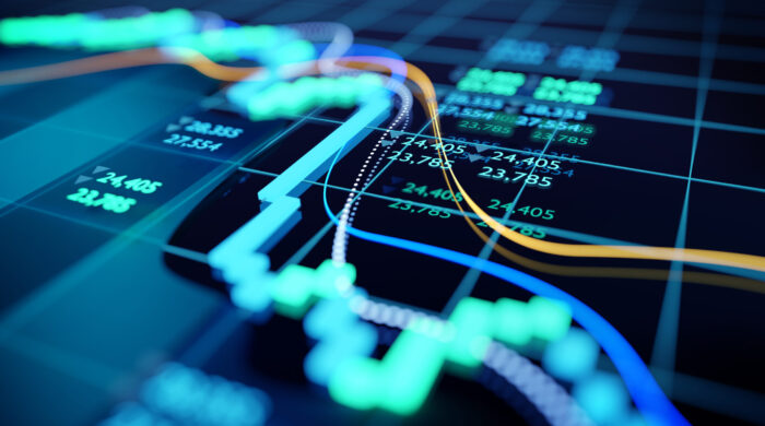 close up shot of a digital stock market tracking graph follwing a recent crash in prices. Bear market 3D illustration